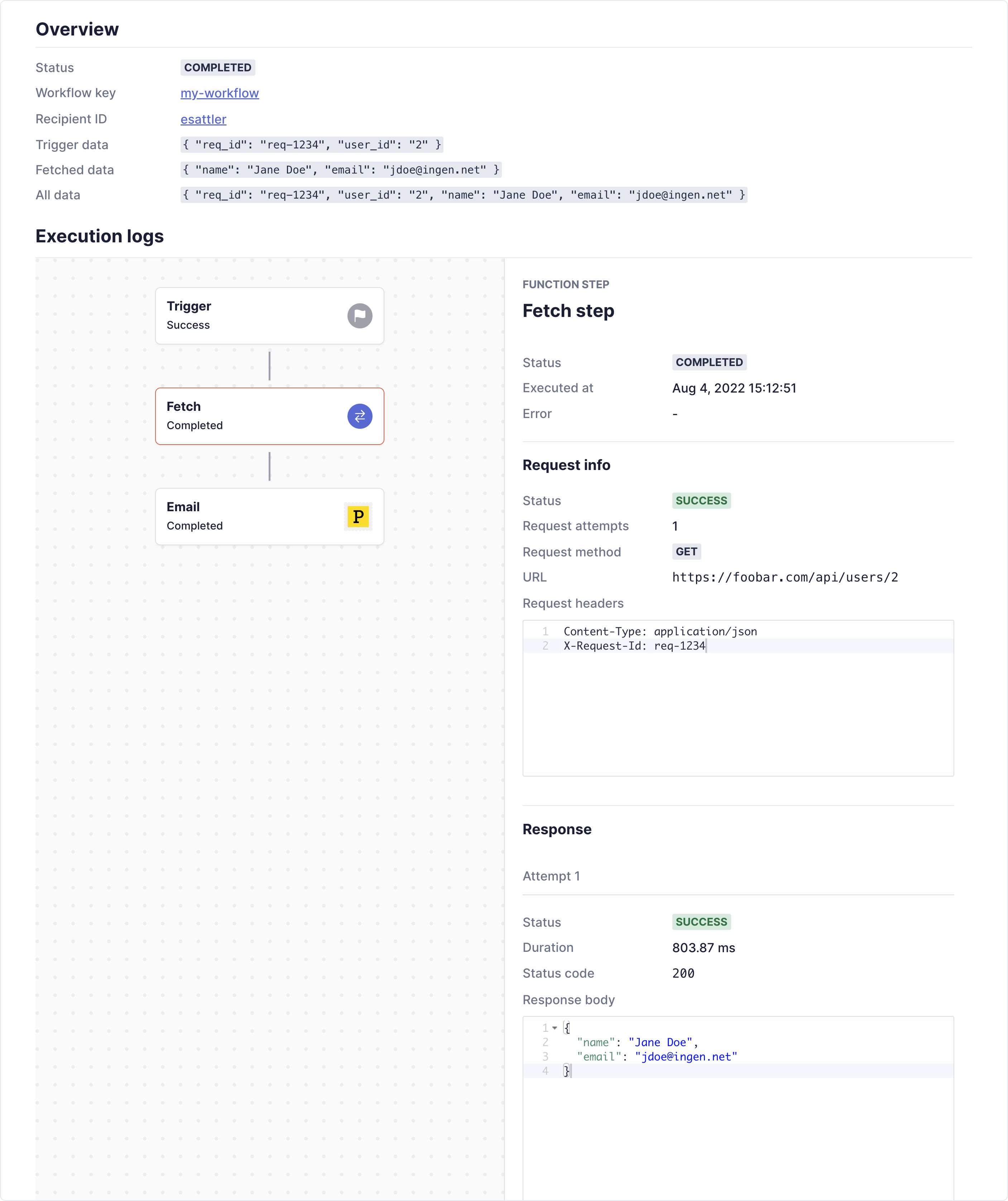 Viewing log details for a successful fetch function step.